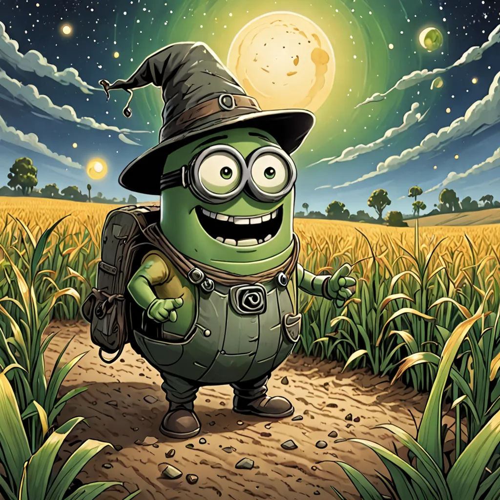 a cartoon character in a hat and backpack standing in a field of grass with a full moon in the background, fantasy art, digital art, Chris LaBrooy, magic the gathering artwork