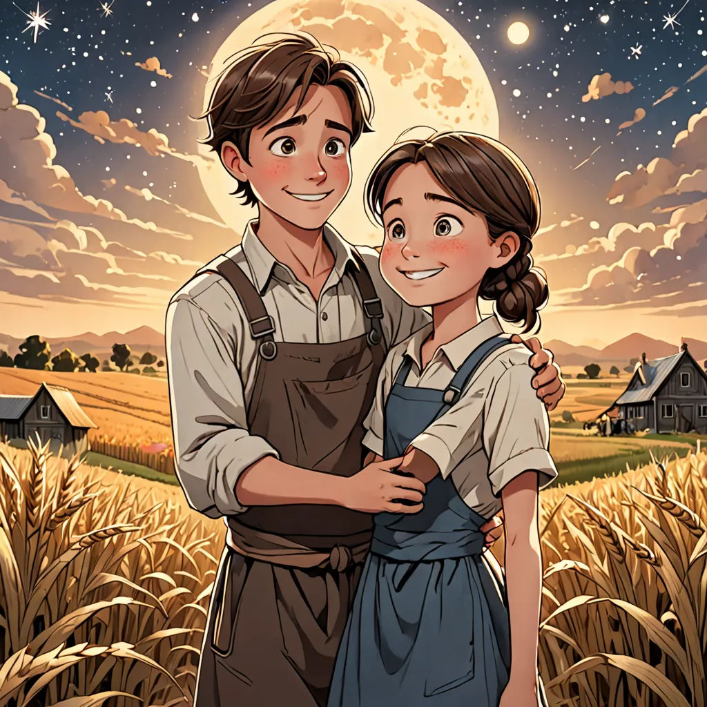 a man and a woman standing in a field under a full moon with a farm scene in the background, neo-romanticism, a storybook illustration, Anne Said, comic cover art