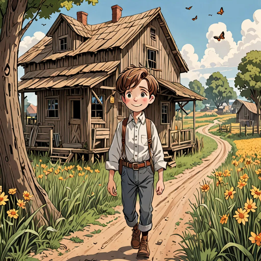 a boy walking down a dirt road past a house with a wooden roof and a wooden porch on the roof, fantastic realism, a storybook illustration, Cliff Childs, official art