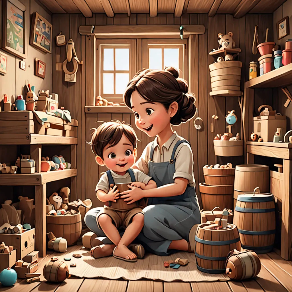 a woman and a child are sitting in a room with wooden barrels and other items on the floor and shelves, visual art, a storybook illustration, Alejandro Burdisio, cgstudio