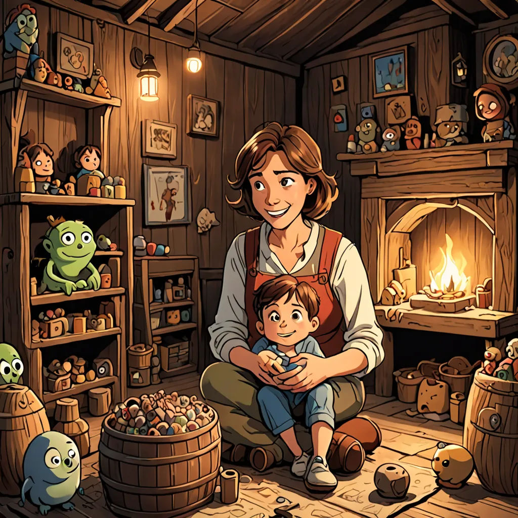 a woman and a child are sitting in a room with a fireplace and many other items on the floor, fantasy art, a storybook illustration, Diego Gisbert Llorens, storybook illustration