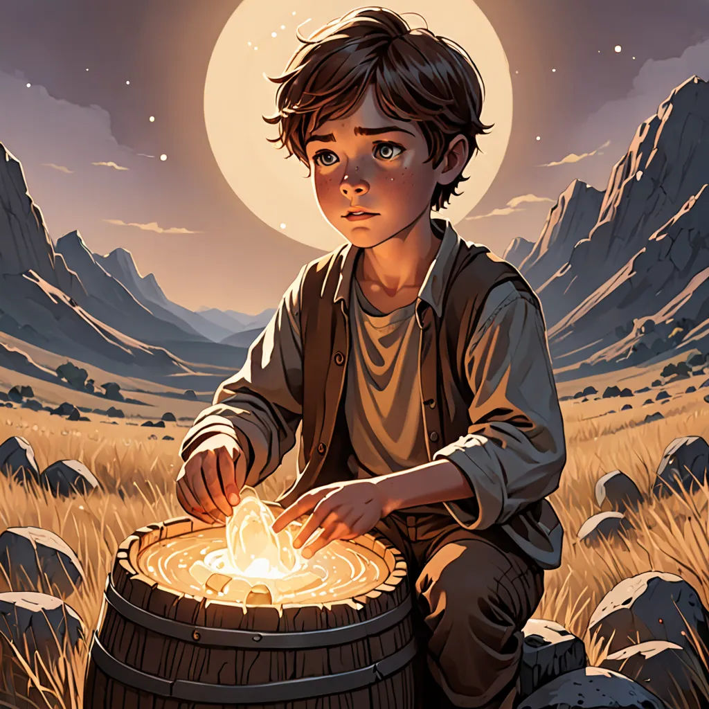 a boy sitting on a barrel with a glowing item in his hand and a full moon in the background, fantasy art, a storybook illustration, Aaron Jasinski, fantasy illustration