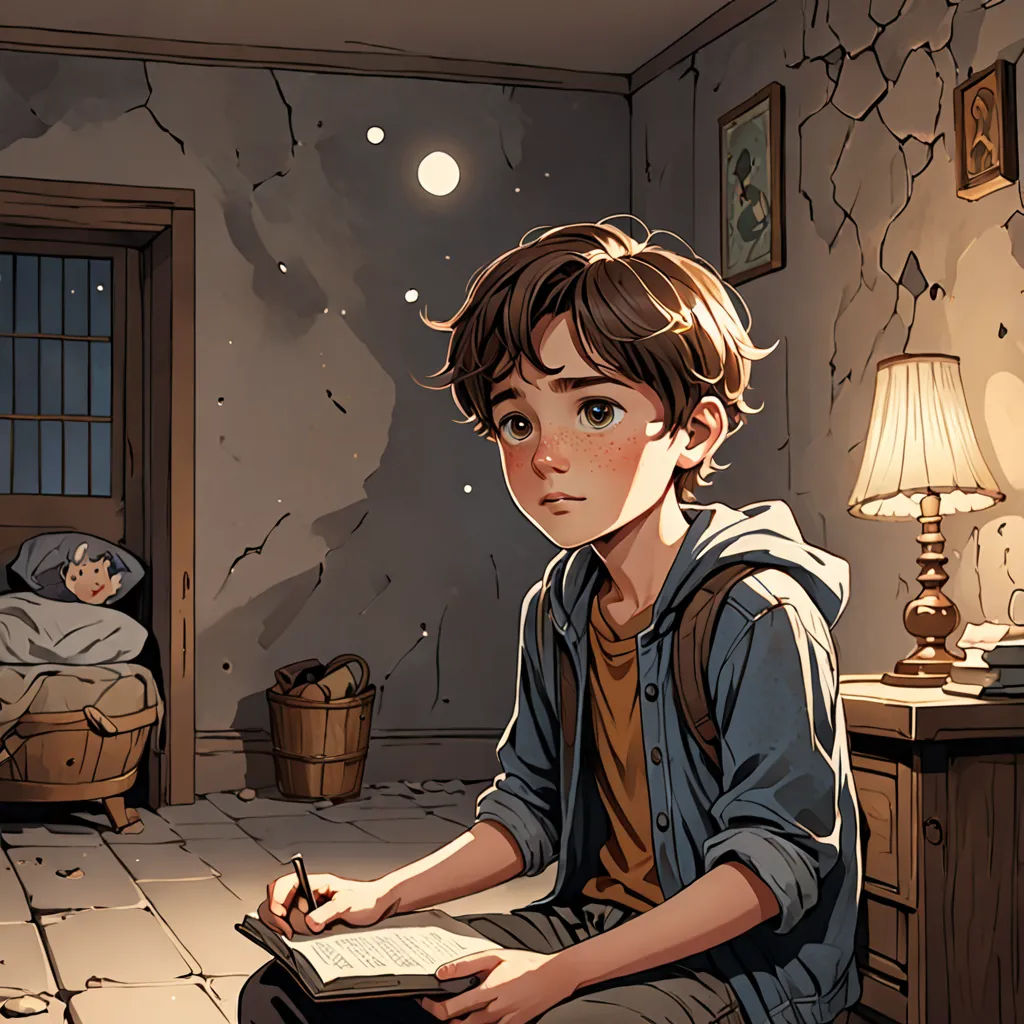 a boy sitting on the floor in a room with a book and a lamp on it, writing a story, art & language, a storybook illustration, Diego Gisbert Llorens, rossdraws global illumination