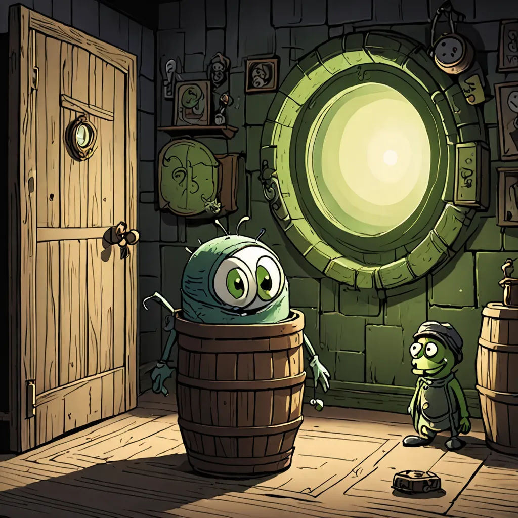 a cartoon of a green monster in a barrel with a green man in the background and a green man in the foreground, sots art, a storybook illustration, Andries Stock, promotional image