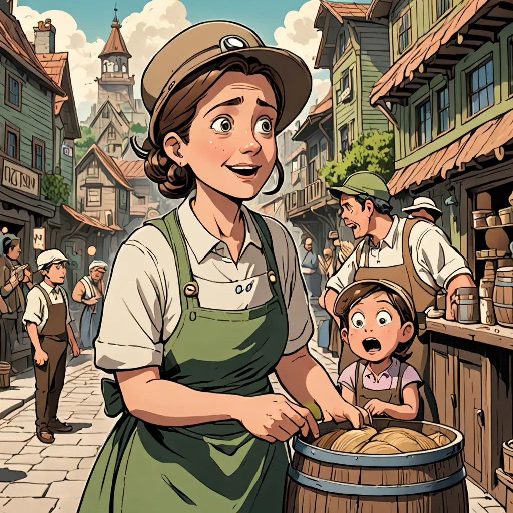 a woman in an apron is holding a basket of bread while a child looks on in the background with a man in a hat, context art, a storybook illustration, Asaf Hanuka, comic cover art