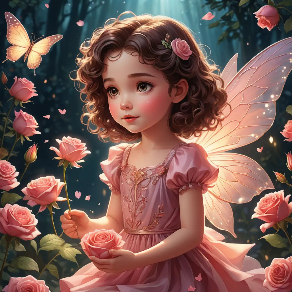 a little girl in a pink dress holding a rose in her hand and a butterfly flying over her shoulder, fantasy art, a storybook illustration, Anne Stokes, highly detailed digital painting