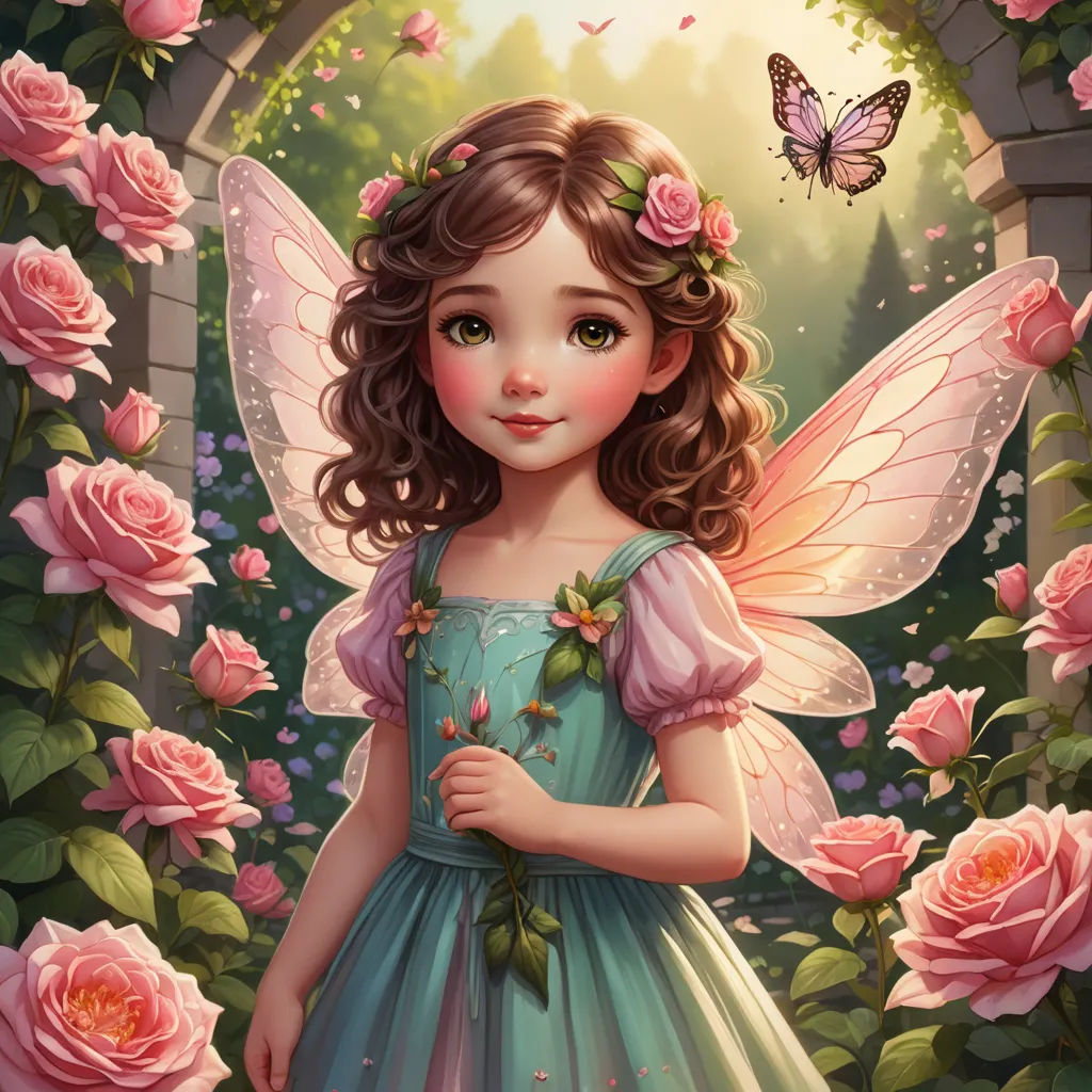 a little girl dressed in a blue dress with a butterfly on her shoulder and a pink rose in her hand, fantasy art, a storybook illustration, Alice Prin, kinkade