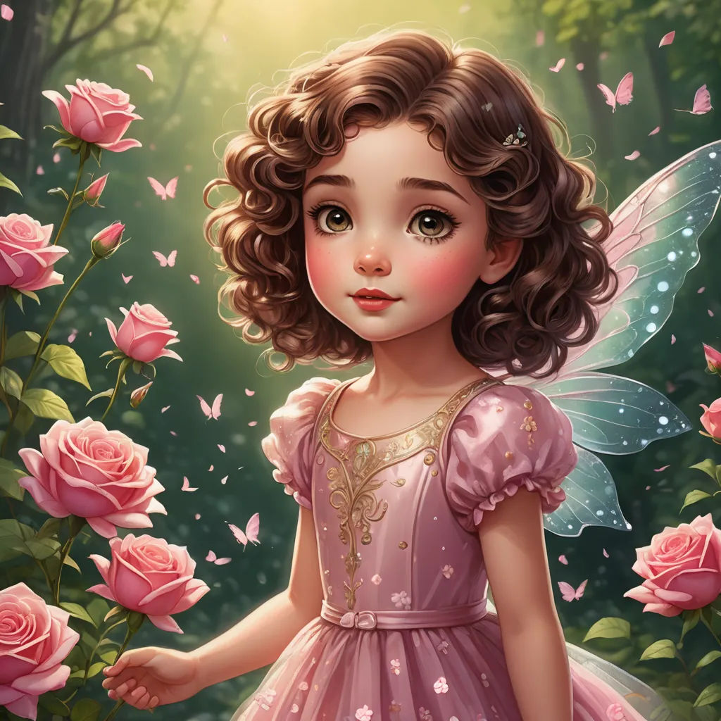 a little girl dressed in pink standing in a garden with pink roses and butterflies around her, with a butterfly on her shoulder, fantasy art, a storybook illustration, Alice Prin, kinkade