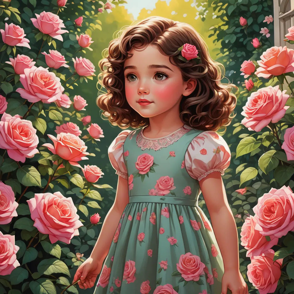 a painting of a little girl standing in a garden of roses with a window in the background and a pink rose bush, fantasy art, a storybook illustration, Barron Storey, highly detailed digital painting