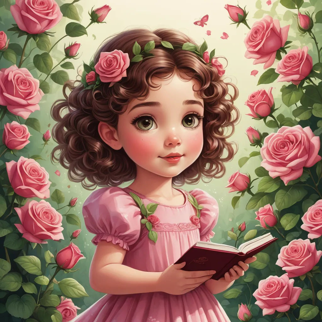 a little girl in a pink dress holding a book in front of roses and butterflies on a green background, fantasy art, a storybook illustration, Anna Dittmann, storybook illustration