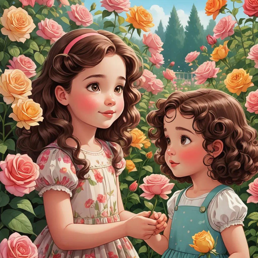 two little girls standing in a field of roses holding hands and looking at each other with a pink rose in the background, fantasy art, a storybook illustration, Arthur Hughes, highly detailed digital painting