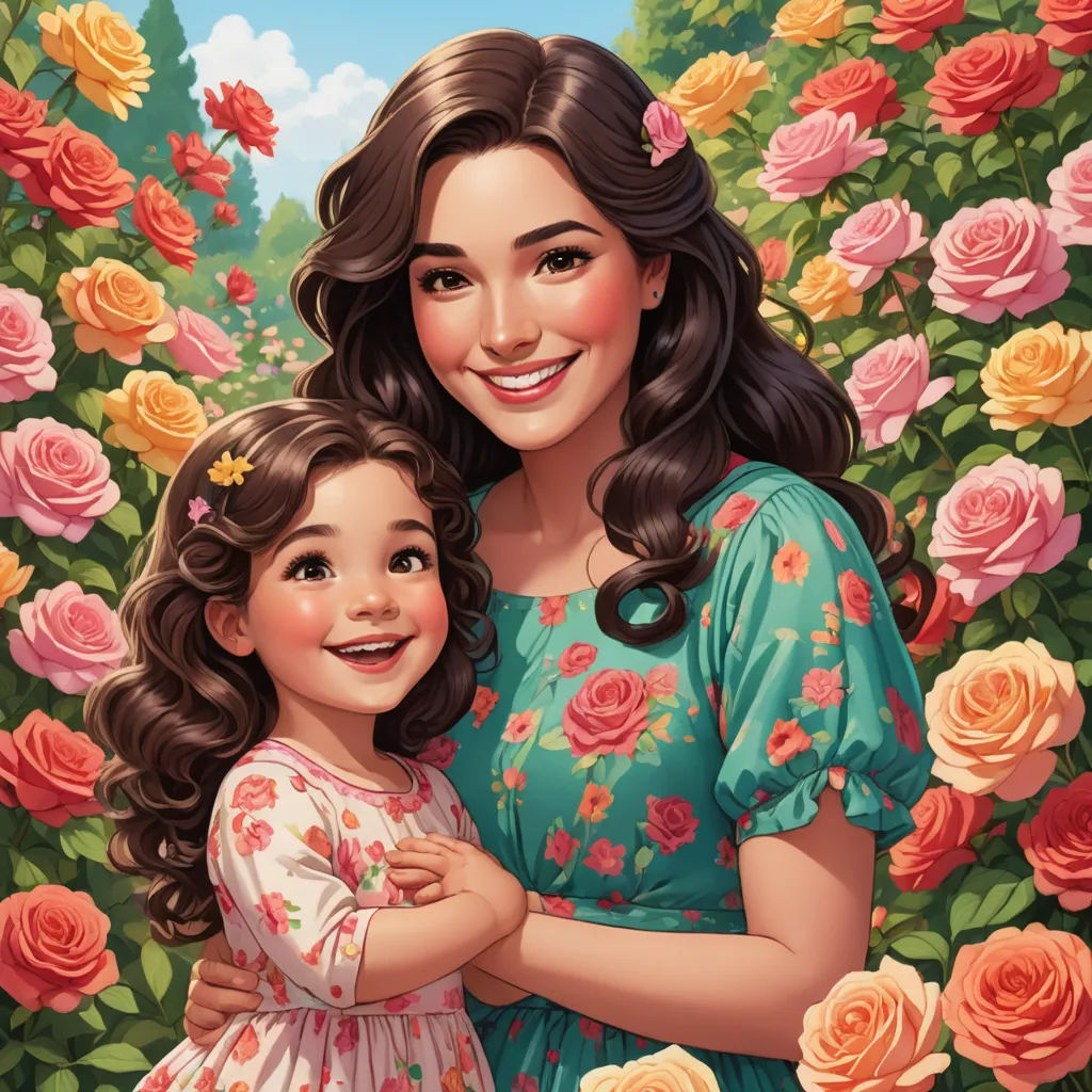 a painting of a mother and daughter in a rose garden with roses in the background and a sky background, lyco art, a storybook illustration, disney, trending on art station