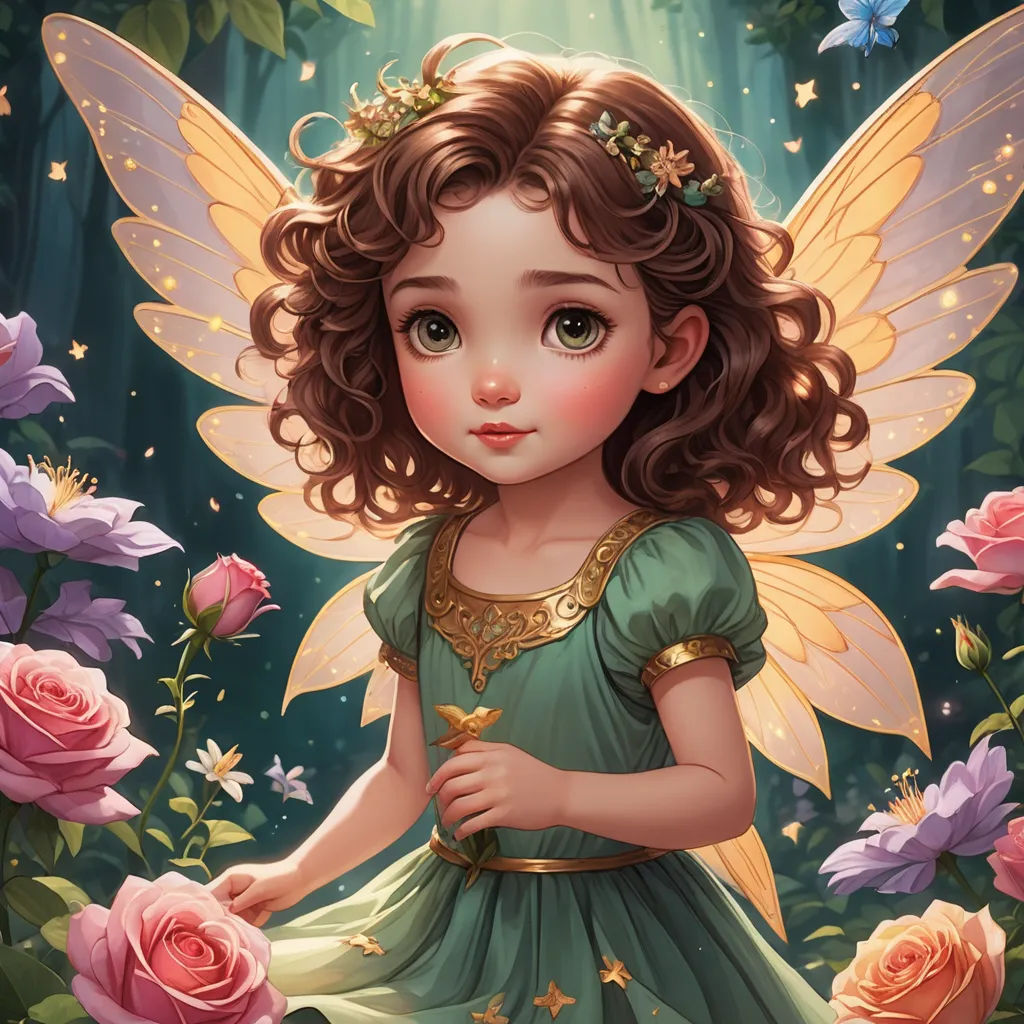 a little girl dressed in a green dress with a butterfly on her shoulder and a flower in her hand, fantasy art, a storybook illustration, Anne Stokes, kinkade