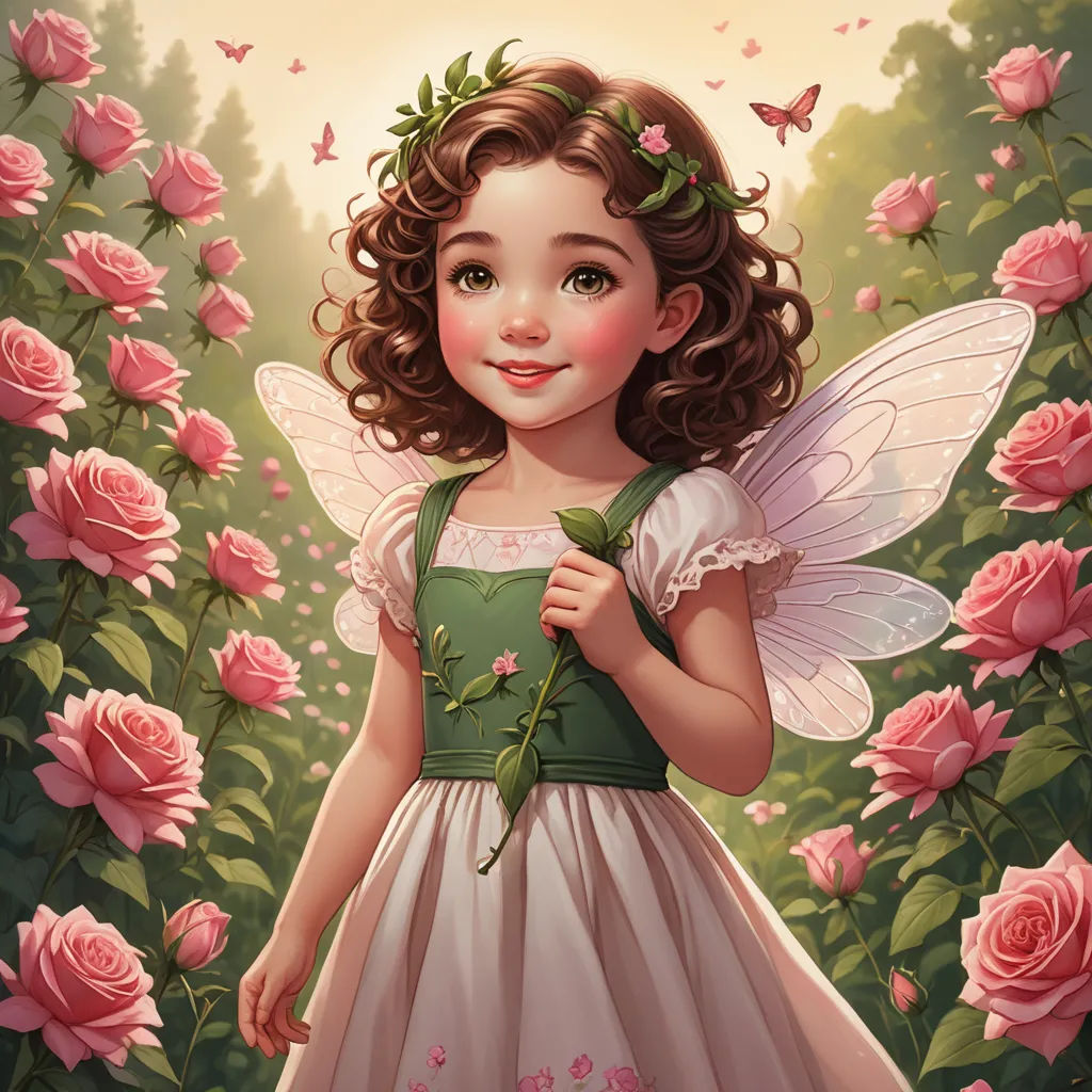 a little girl dressed in a fairy costume standing in a rose garden with pink roses and butterflies around her, fantasy art, a storybook illustration, Anne Stokes, kinkade