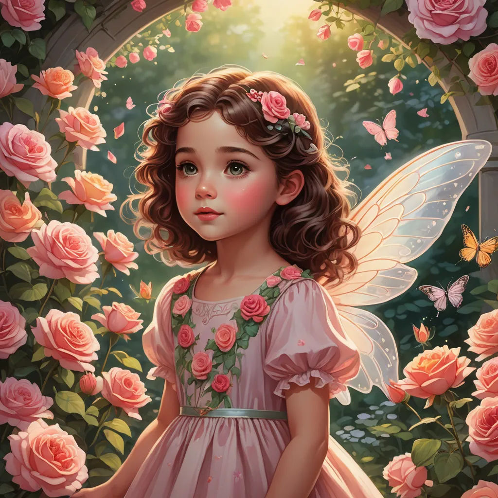 a painting of a little girl in a pink dress surrounded by roses and butterflies with a butterfly on her shoulder, fantasy art, a storybook illustration, Anne Stokes, kinkade