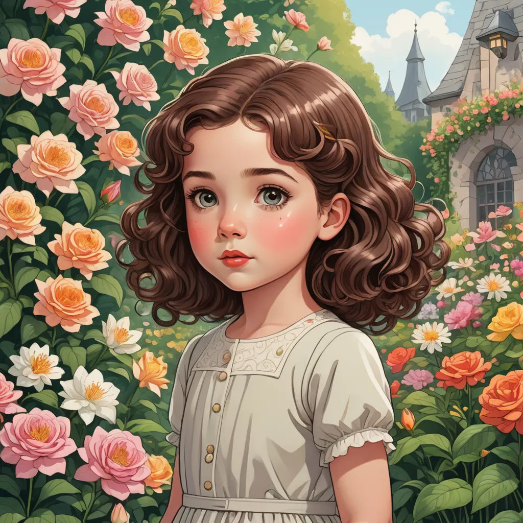 a painting of a little girl in a garden with flowers and a castle in the background with a pink rose, fantasy art, a storybook illustration, Alice Prin, trending on art station