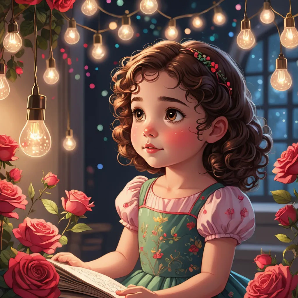 a little girl is reading a book in a room with roses and lights hanging from the ceiling and a window, fantasy art, a storybook illustration, artist, storybook illustration