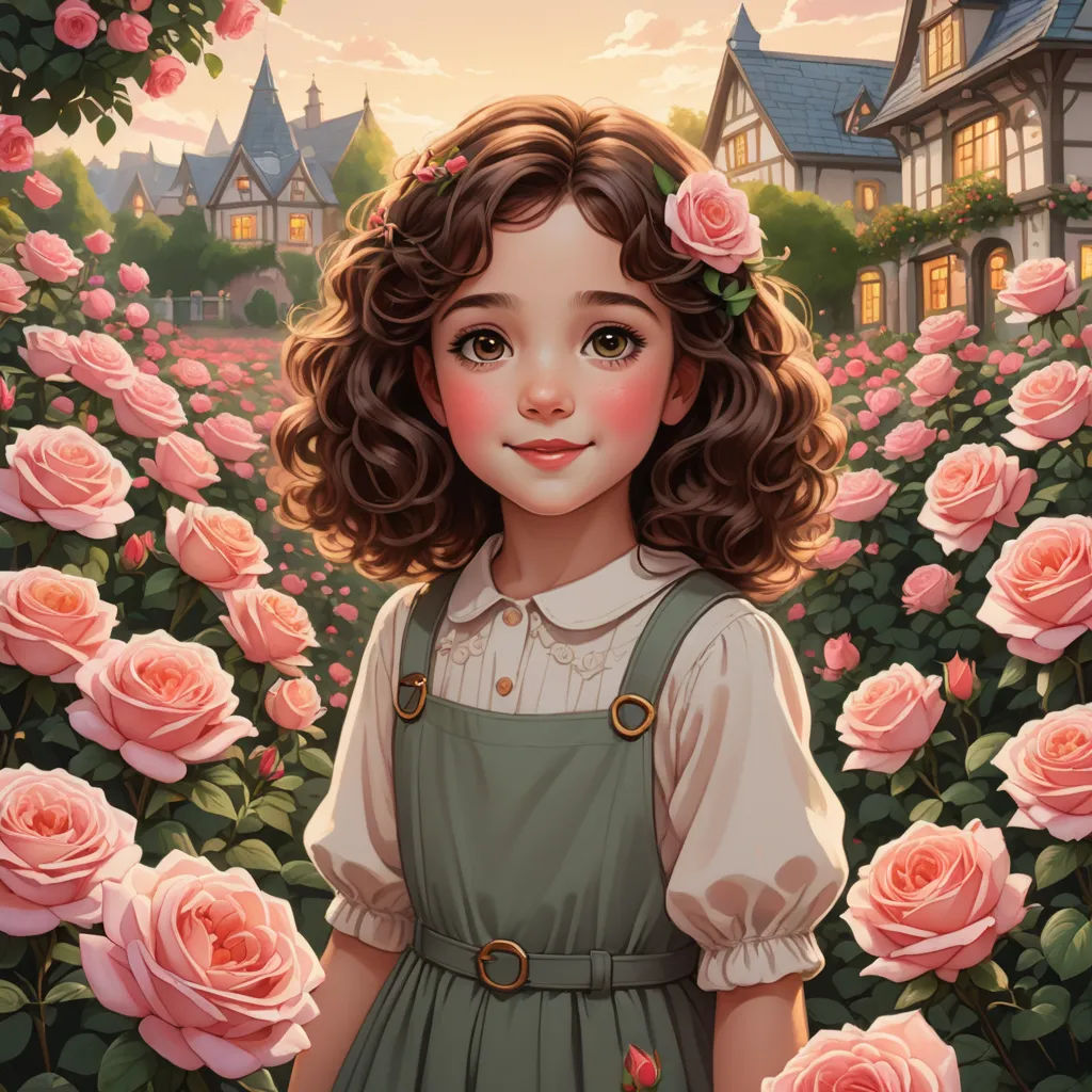 a painting of a girl in a field of roses with a house in the background and a pink rose bush, fantasy art, a storybook illustration, Alice Prin, trending on art station