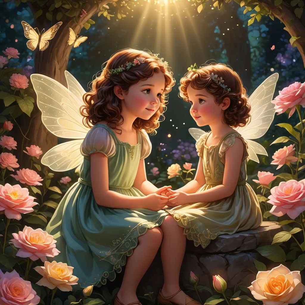two little girls sitting on a rock in a garden with flowers and butterflies around them, one of them is holding the hand of the other girl, fantasy art, a storybook illustration, Anne Stokes, highly detailed digital painting