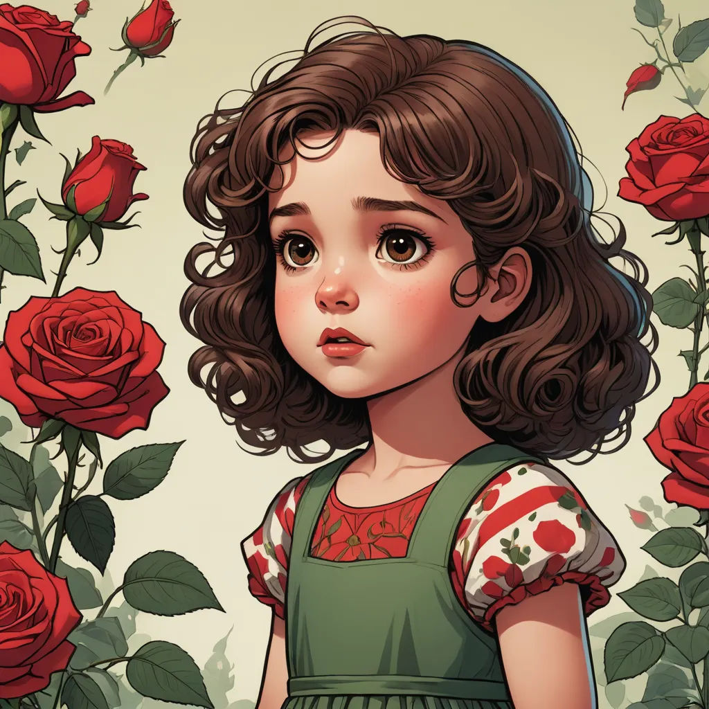 a little girl standing in front of a bunch of roses with a sad face on her face and a green dress, fantasy art, a storybook illustration, Clarice Beckett, trending on art station