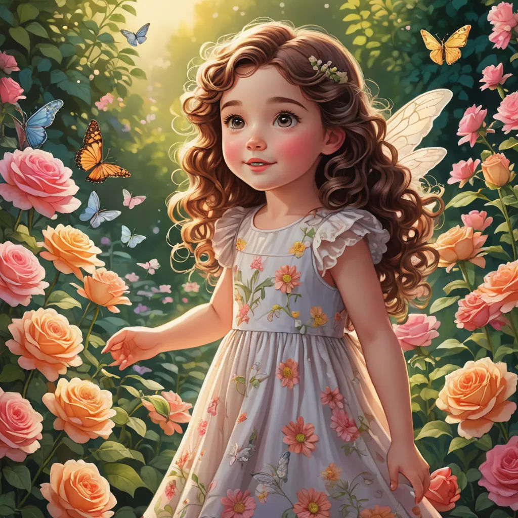 a painting of a little girl in a garden with roses and butterflies around her, with a butterfly in her hair, fantasy art, a storybook illustration, Alice Prin, highly detailed digital painting