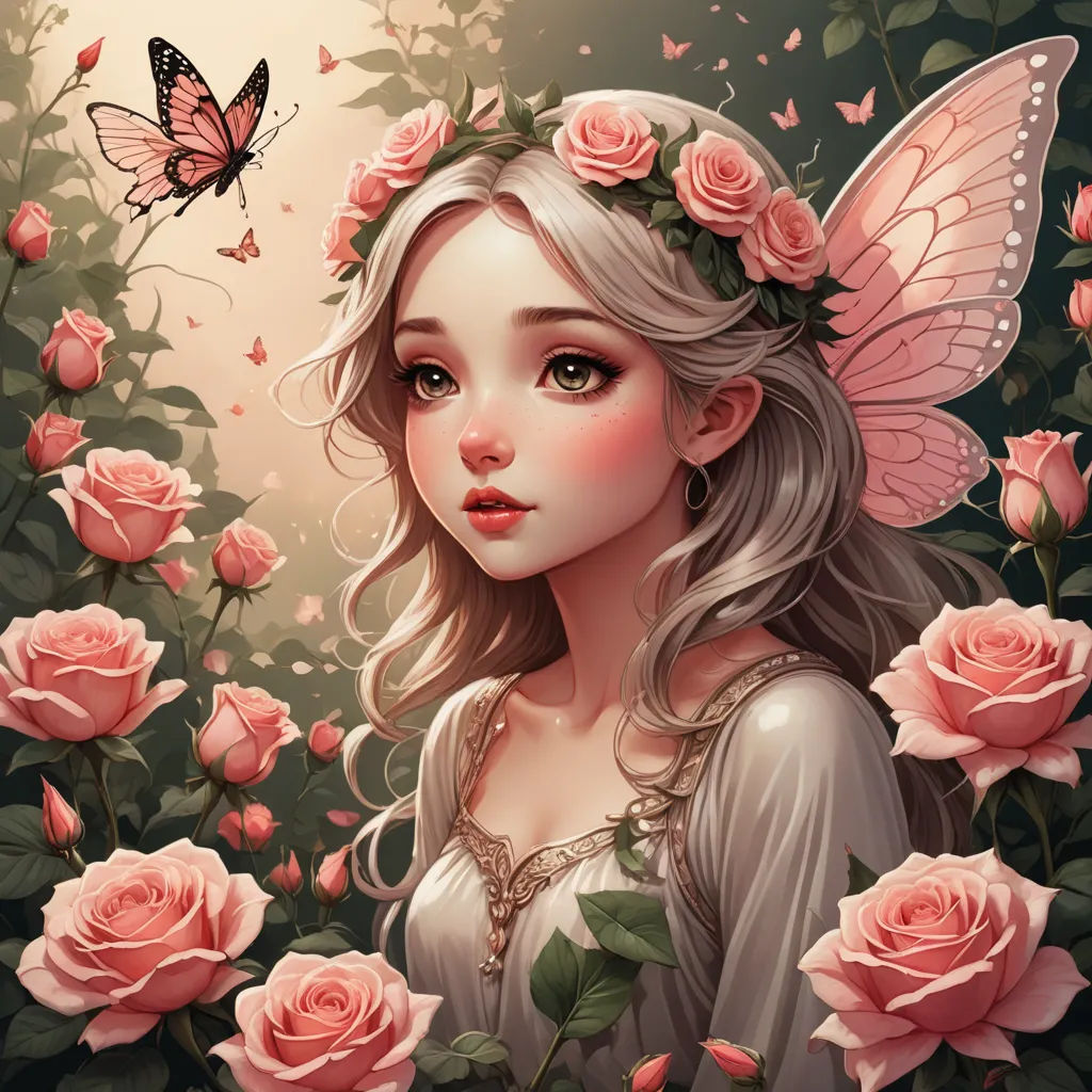 a beautiful fairy with a butterfly on her head and roses around her neck, surrounded by pink roses, is surrounded by a butterfly, fantasy art, a storybook illustration, Charlie Bowater, fantasy artwork