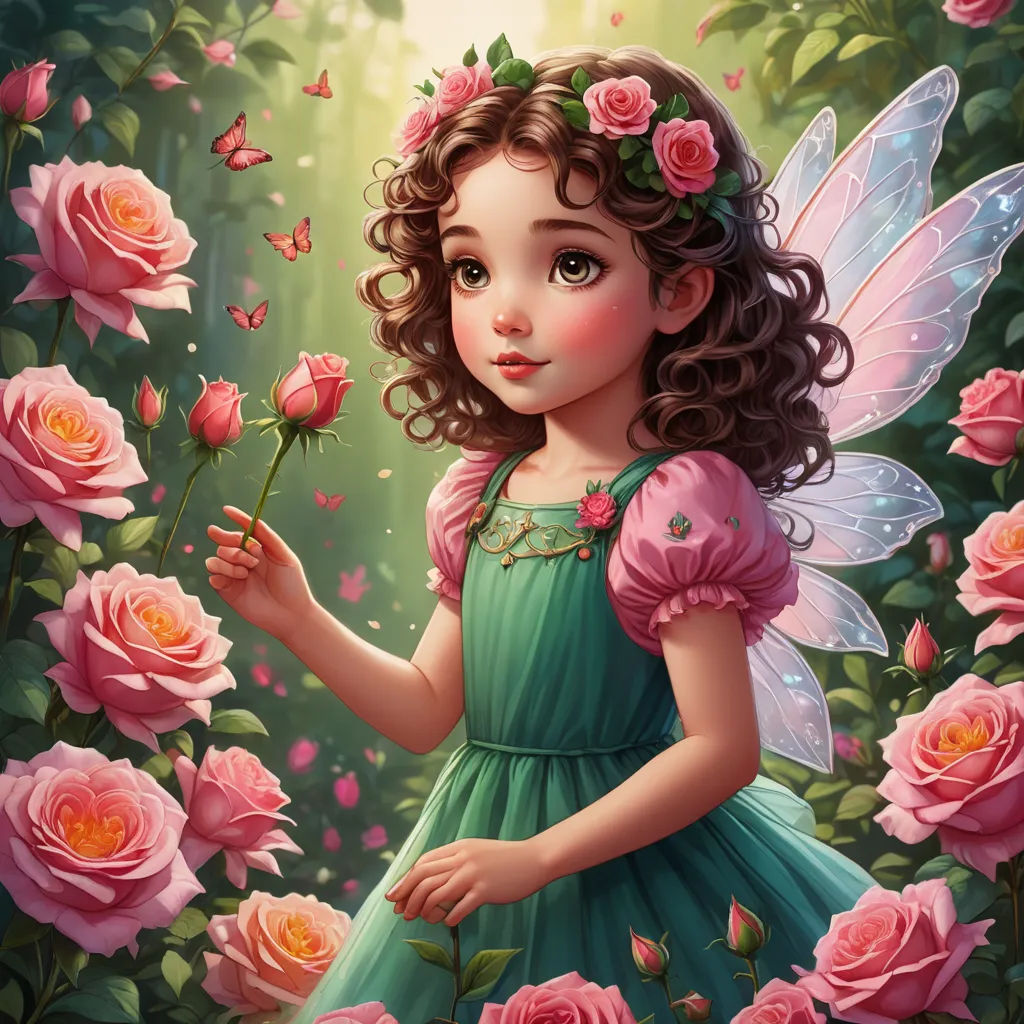 a little girl in a green dress holding a rose in her hand and a butterfly in her hand, surrounded by pink roses, fantasy art, a storybook illustration, Anne Stokes, highly detailed digital painting