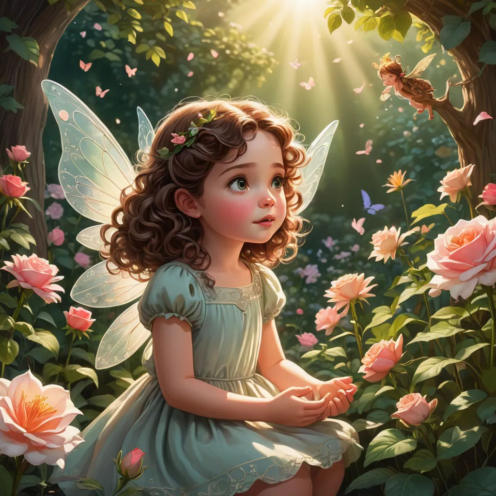 a little girl in a green dress sitting in a garden with flowers and butterflies around her, with a butterfly in her hand, fantasy art, a storybook illustration, Anne Stokes, rossdraws global illumination