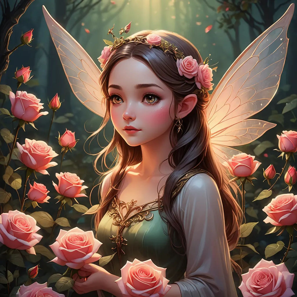 a fairy with a flower crown and a rose in her hand in a field of roses with a fairy holding a rose, fantasy art, a detailed painting, Anne Stokes, fantasy artwork