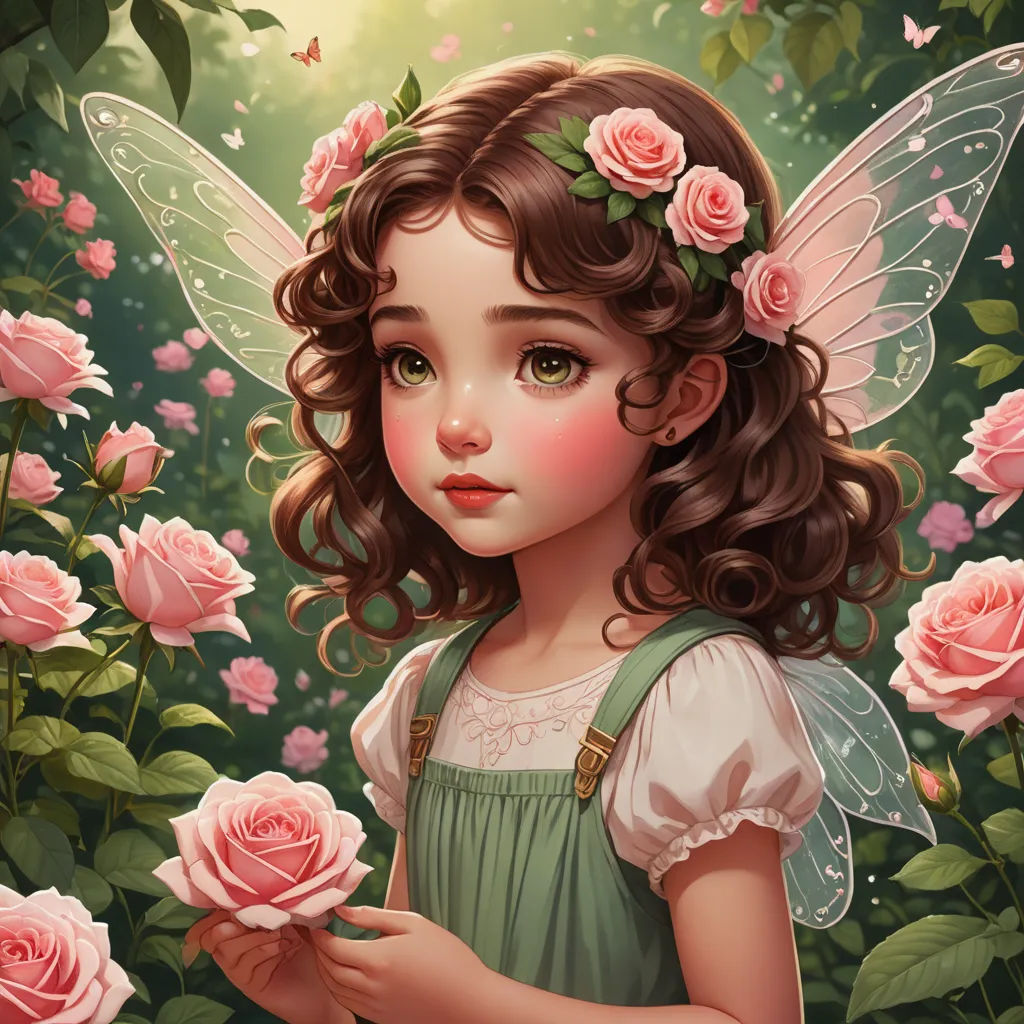 a little girl with a flower in her hand and a butterfly on her shoulder, standing among roses, with a green background, fantasy art, a detailed painting, Anne Stokes, highly detailed digital painting