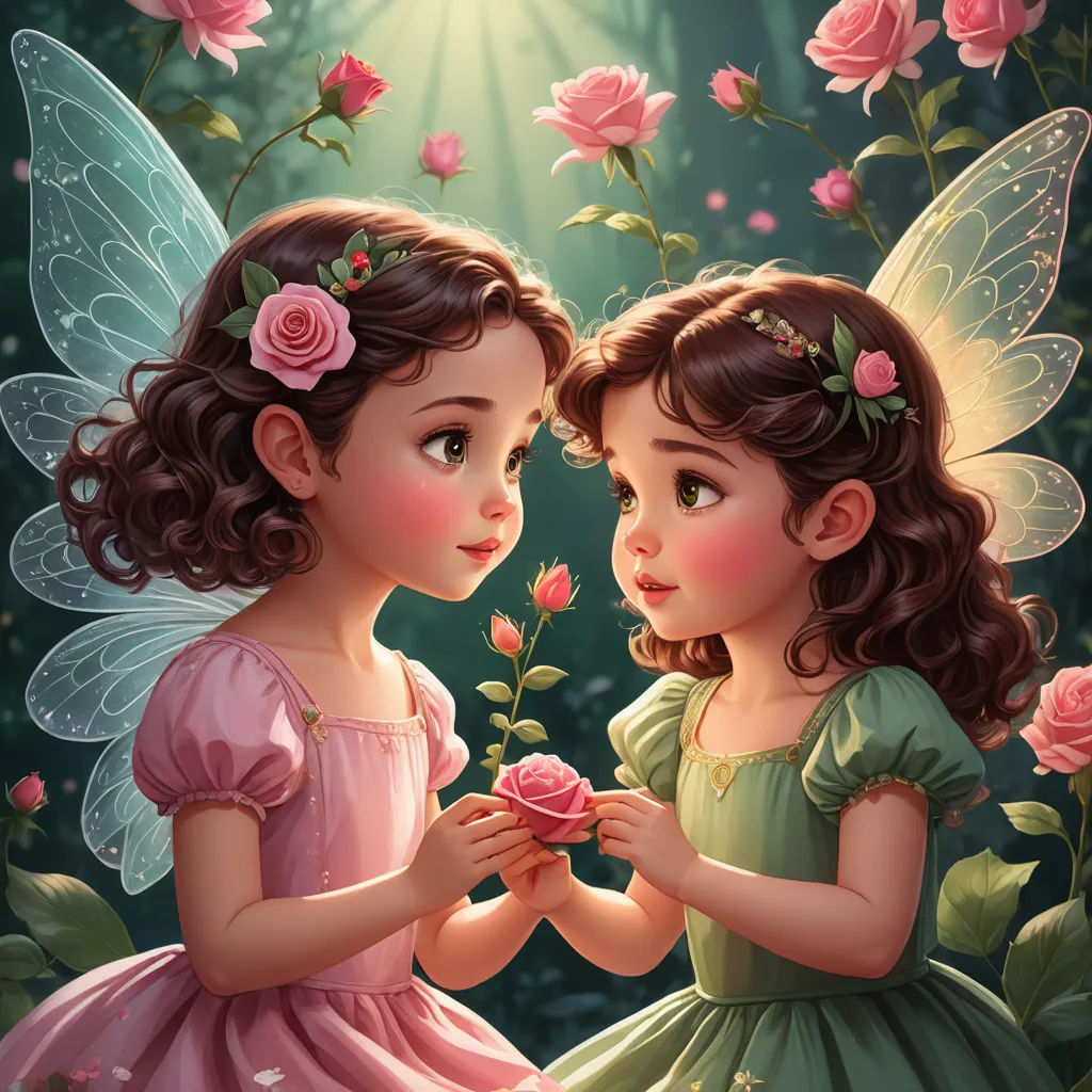 two little girls are holding roses in their hands and looking at each other with a smile on their face, fantasy art, a storybook illustration, Anne Stokes, highly detailed digital painting