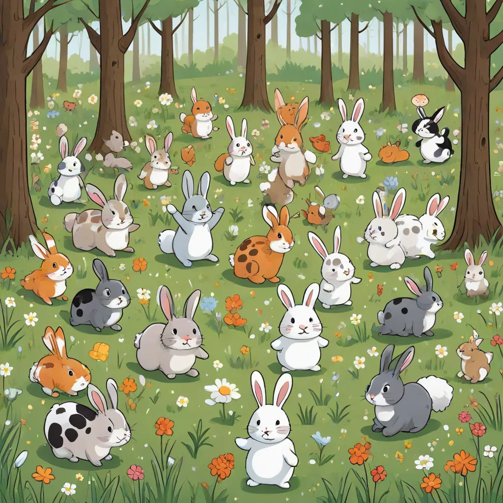 a group of rabbits in a forest with flowers and trees in the background, with a dog in the foreground, a storybook illustration, Annabel Kidston, furry art, furaffinity
