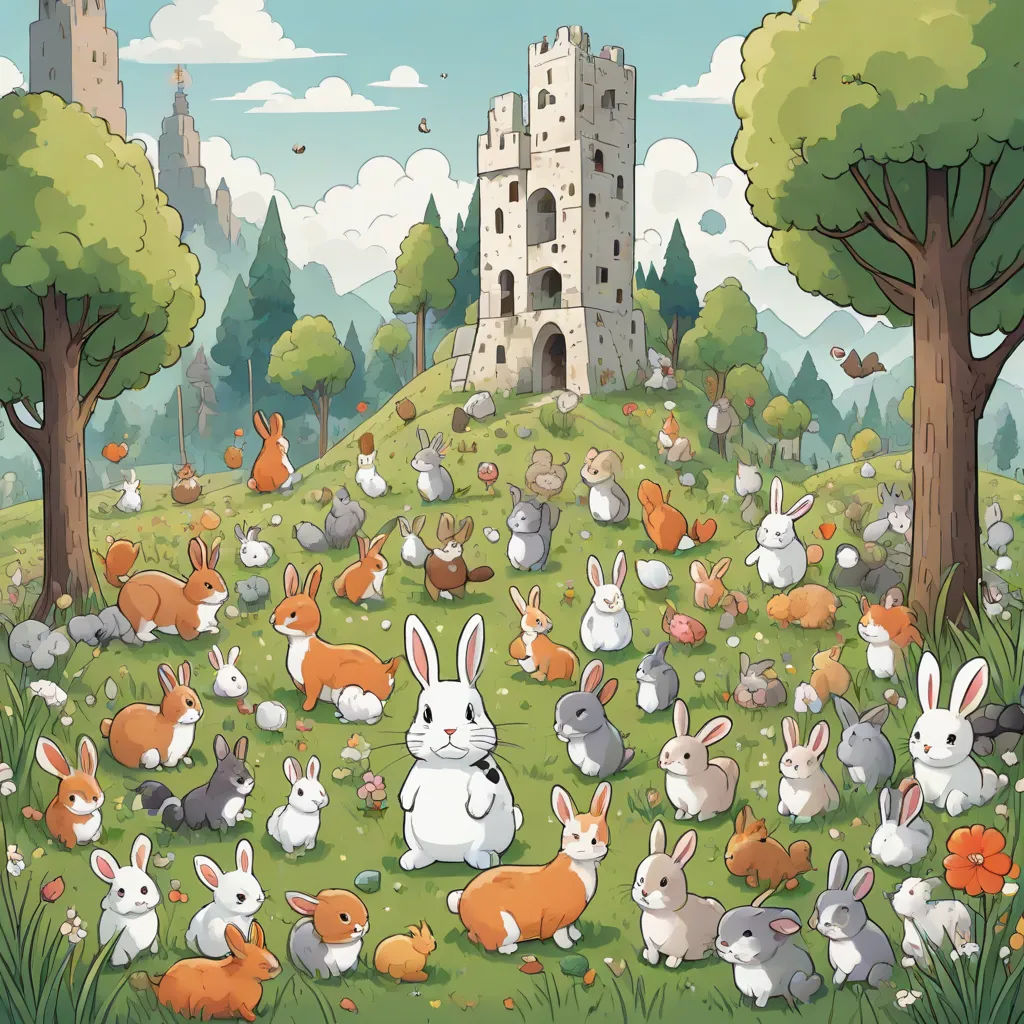 a painting of a castle surrounded by rabbits and other animals in a field with trees and grass in front of it, a storybook illustration, Chris LaBrooy, fantasy art, rossdraws global illumination