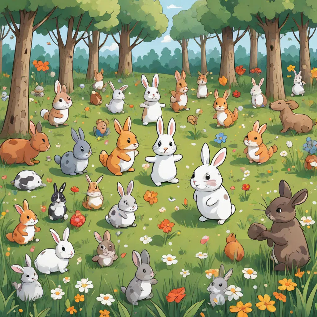 a group of rabbits in a forest with flowers and trees in the background, with a sky background and a few clouds, a storybook illustration, Beatrix Potter, furry art, furaffinity