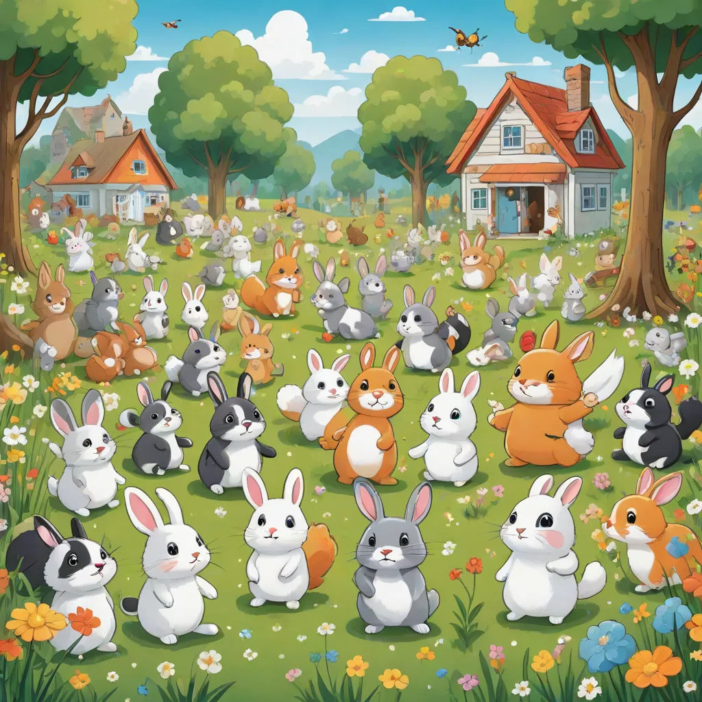 a group of rabbits in a field with a house in the background and a bird flying over the house, a storybook illustration, Beatrix Potter, furry art, furaffinity