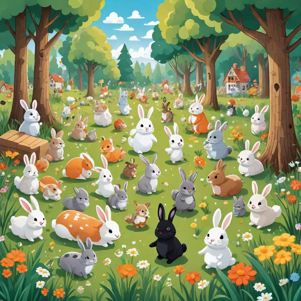 a painting of many rabbits in a forest with a house in the background and a forest with flowers and trees, a storybook illustration, Chris LaBrooy, furry art, furaffinity