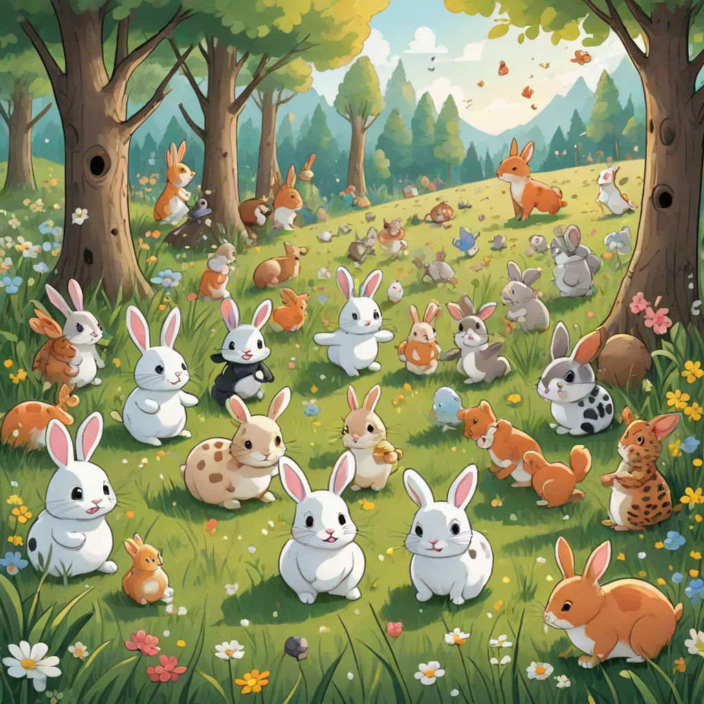 a painting of many rabbits in a forest with flowers and trees in the background, with a bird in the foreground, a storybook illustration, Chris LaBrooy, furry art, furaffinity