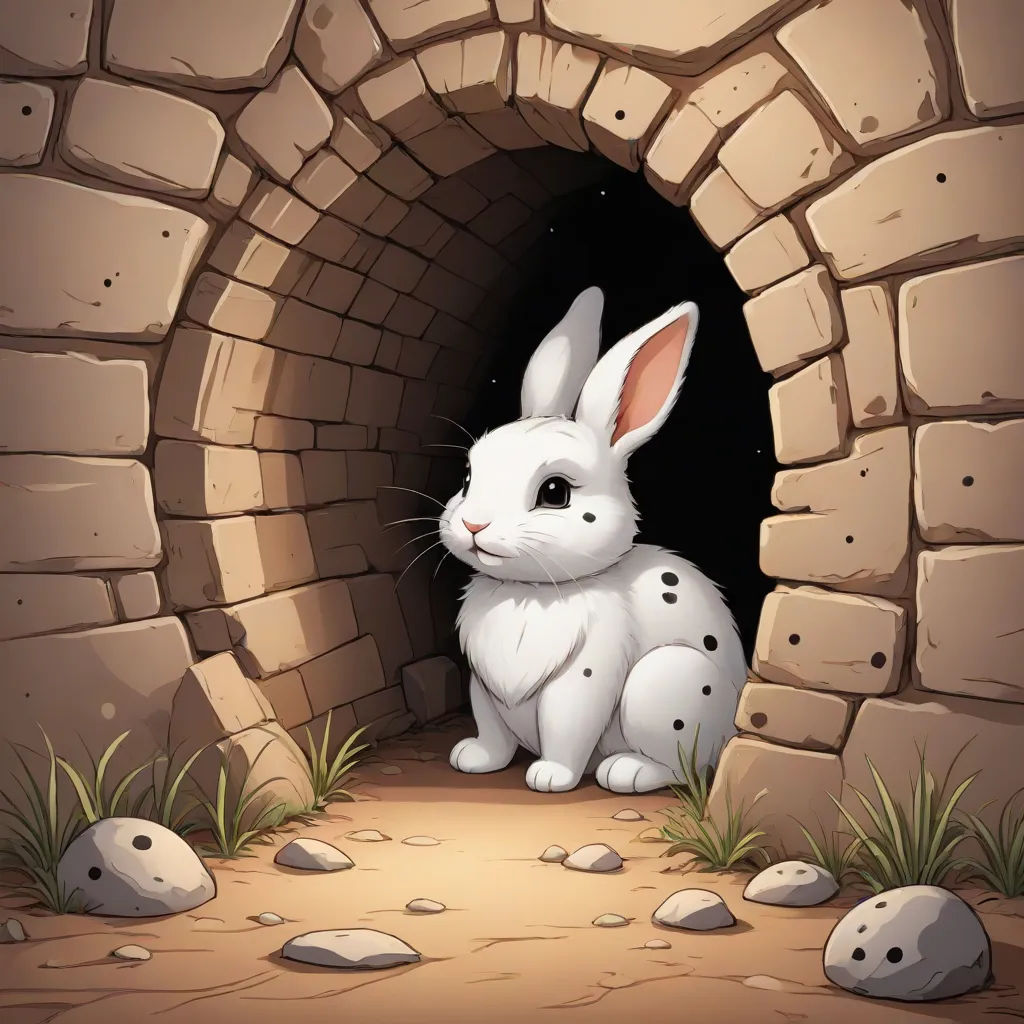 a rabbit sitting in a tunnel with rocks and grass around it's edges and a stone wall behind it, a storybook illustration, Beatrix Potter, fantasy art, rossdraws global illumination