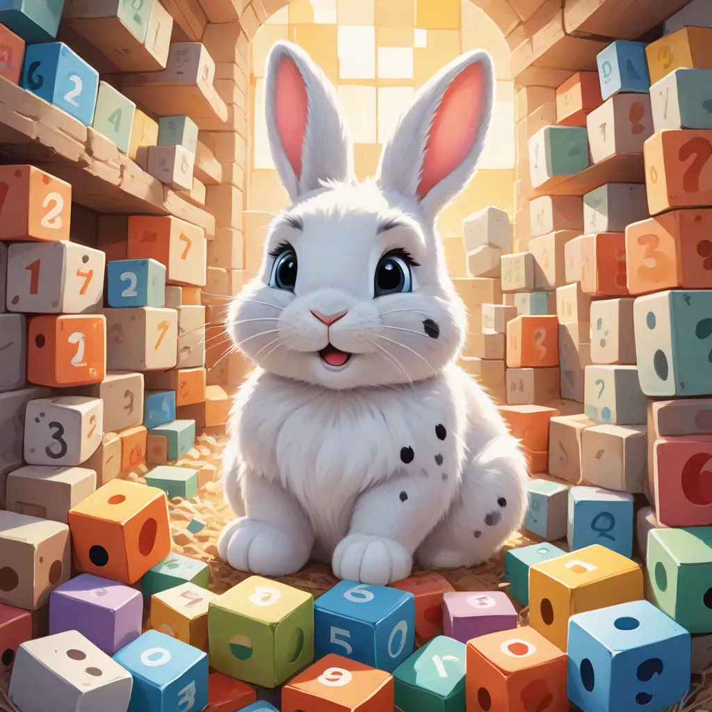 a rabbit sitting in front of a pile of dices with numbers on them and a number on the floor, an ultrafine detailed painting, Aaron Jasinski, altermodern, rossdraws global illumination