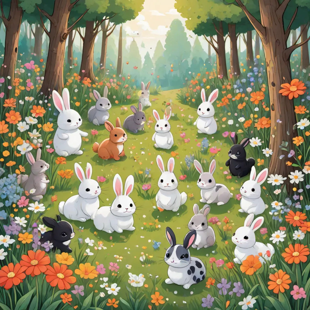 a group of rabbits in a forest with flowers and trees in the background, with a sunbeam in the middle, a storybook illustration, Annabel Kidston, furry art, rossdraws global illumination