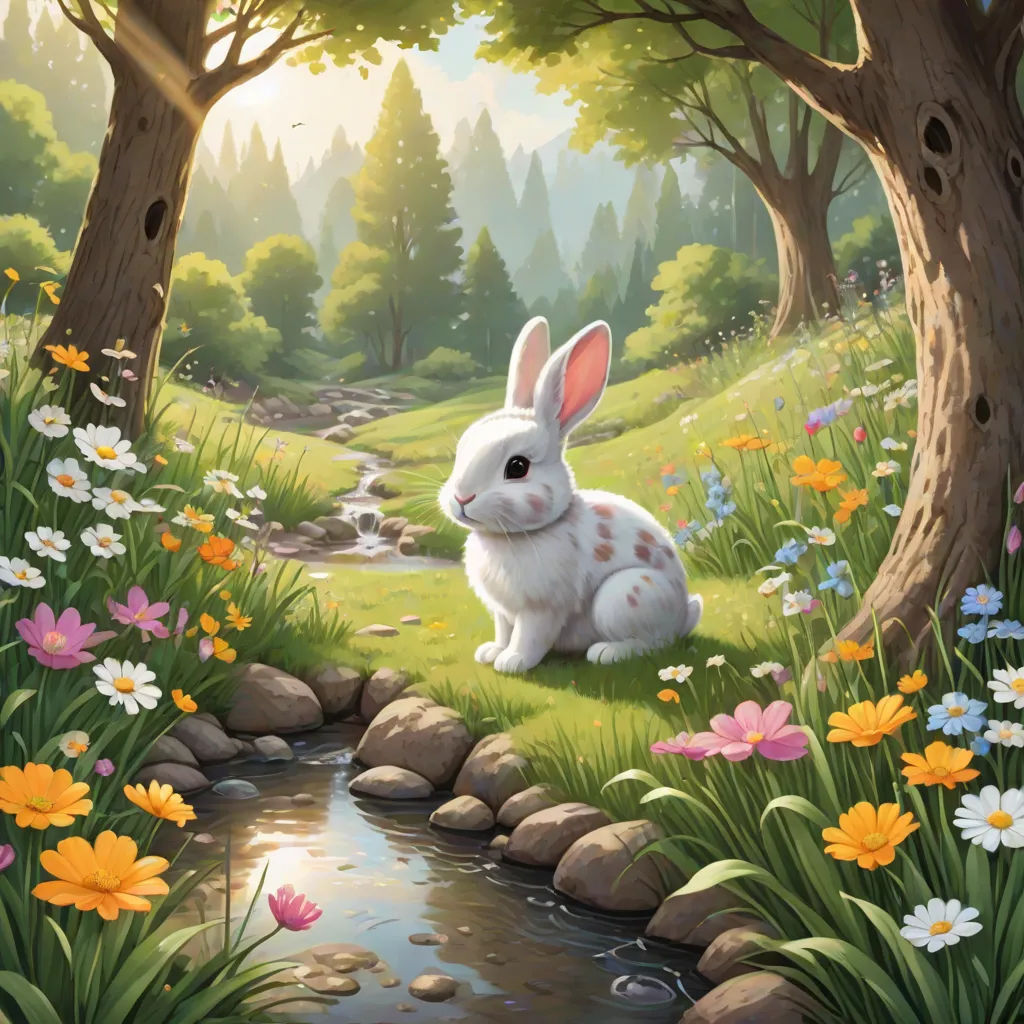 a painting of a rabbit sitting in a forest by a stream of water and flowers on the ground, with trees and flowers around, a storybook illustration, Chris LaBrooy, fantasy art, official art