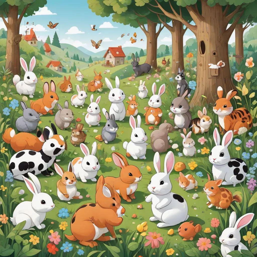 a group of rabbits in a field with trees and flowers in the background, with a house in the background, a storybook illustration, Beatrix Potter, furry art, furaffinity