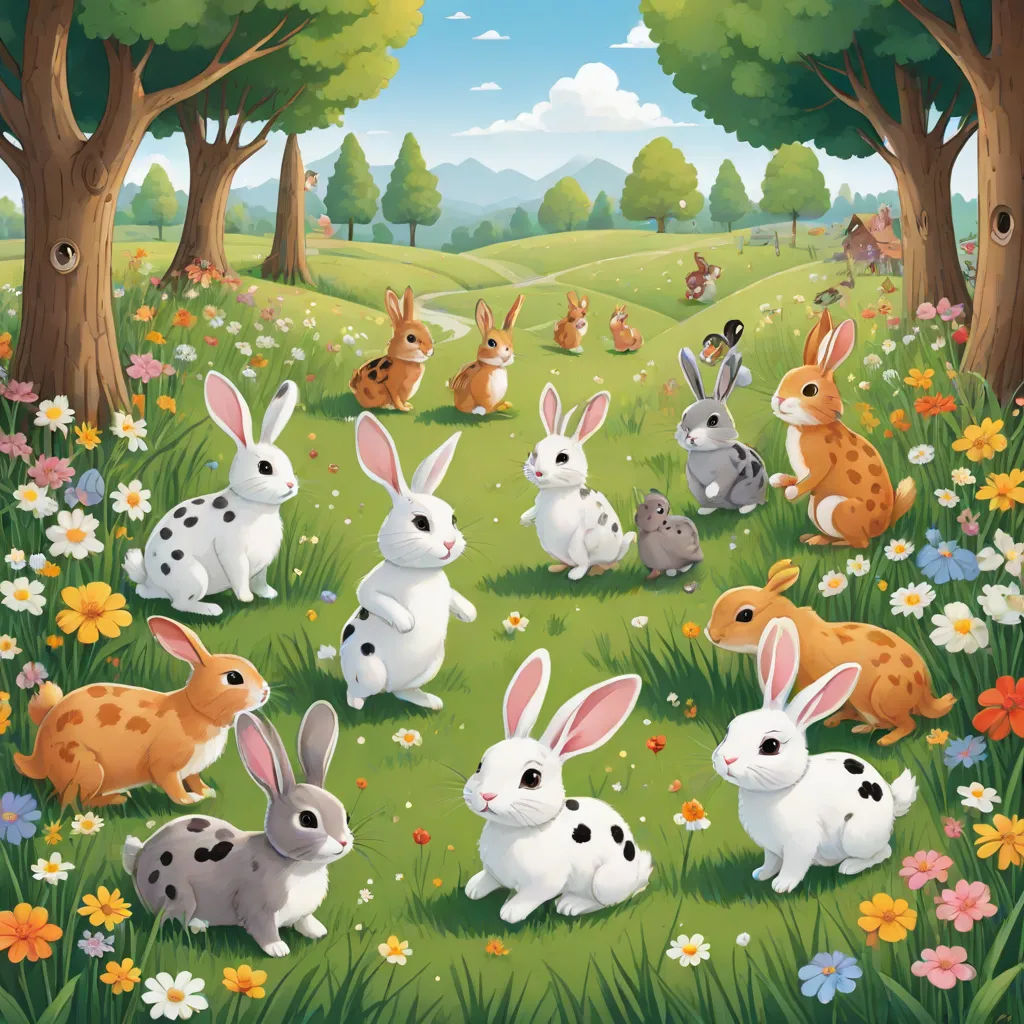 a group of rabbits in a field of flowers and trees with a forest in the background and a blue sky, a storybook illustration, Beatrix Potter, naive art, furaffinity