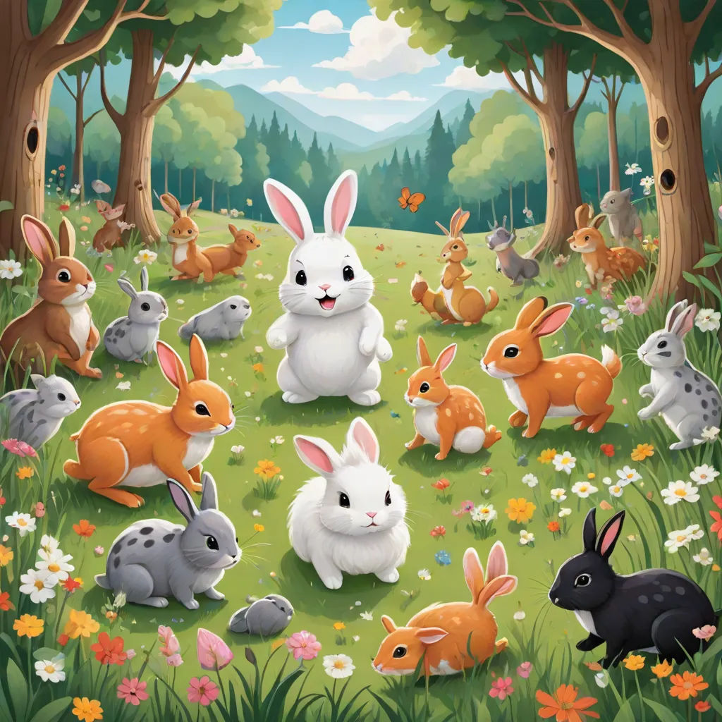 a painting of a group of rabbits in a forest with flowers and trees in the background, with a forest scene in the background, a storybook illustration, Chris LaBrooy, furry art, rossdraws global illumination