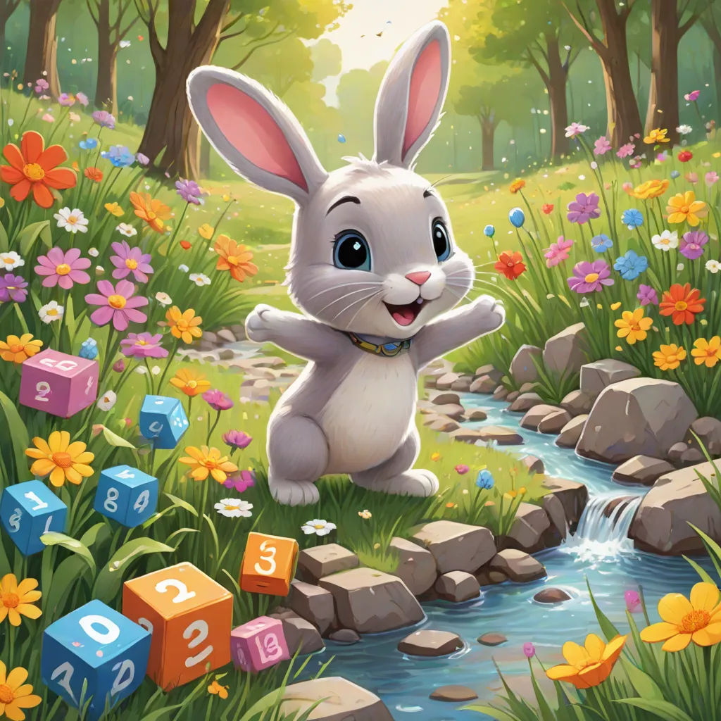 a rabbit is playing with blocks in the grass and flowers near a stream of water and rocks with a forest in the background, a storybook illustration, Chris LaBrooy, sots art, rossdraws global illumination