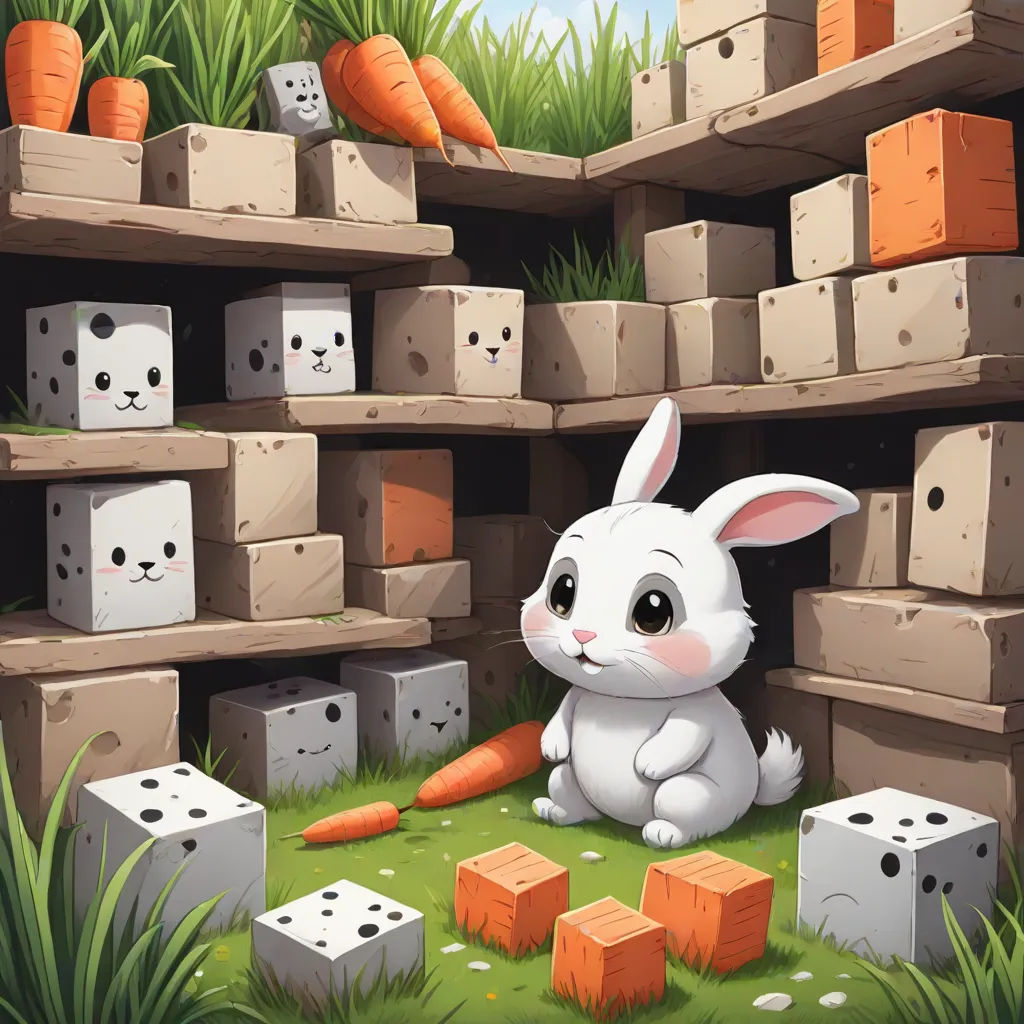 a rabbit sitting in the grass near a bunch of carrots and dices in a store filled with boxes, a storybook illustration, David Martin, pop surrealism, rossdraws global illumination