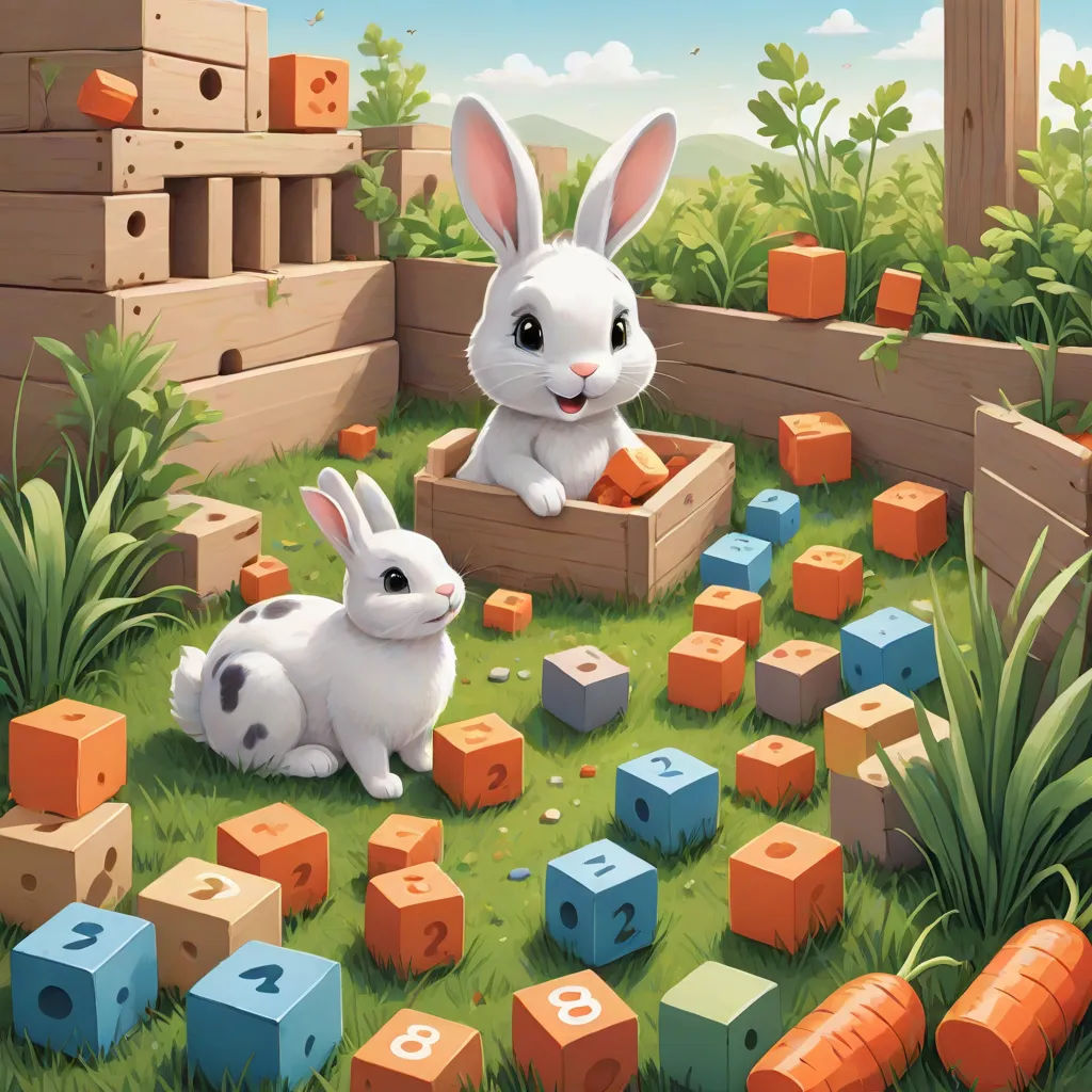a rabbit and a bunny are in a garden with blocks and carrots on the ground and a building in the background, a storybook illustration, Chris LaBrooy, fantasy art, rossdraws global illumination