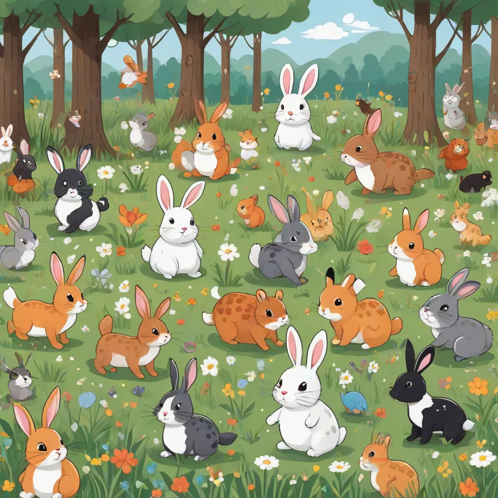 a group of rabbits in a field of grass and flowers with trees in the background and a sky with clouds, a storybook illustration, Annabel Kidston, furry art, furaffinity