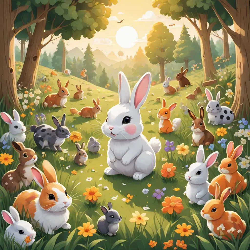 a painting of a group of rabbits in a forest with flowers and trees in the background, with the sun shining through the trees, a storybook illustration, Chris LaBrooy, furry art, rossdraws global illumination