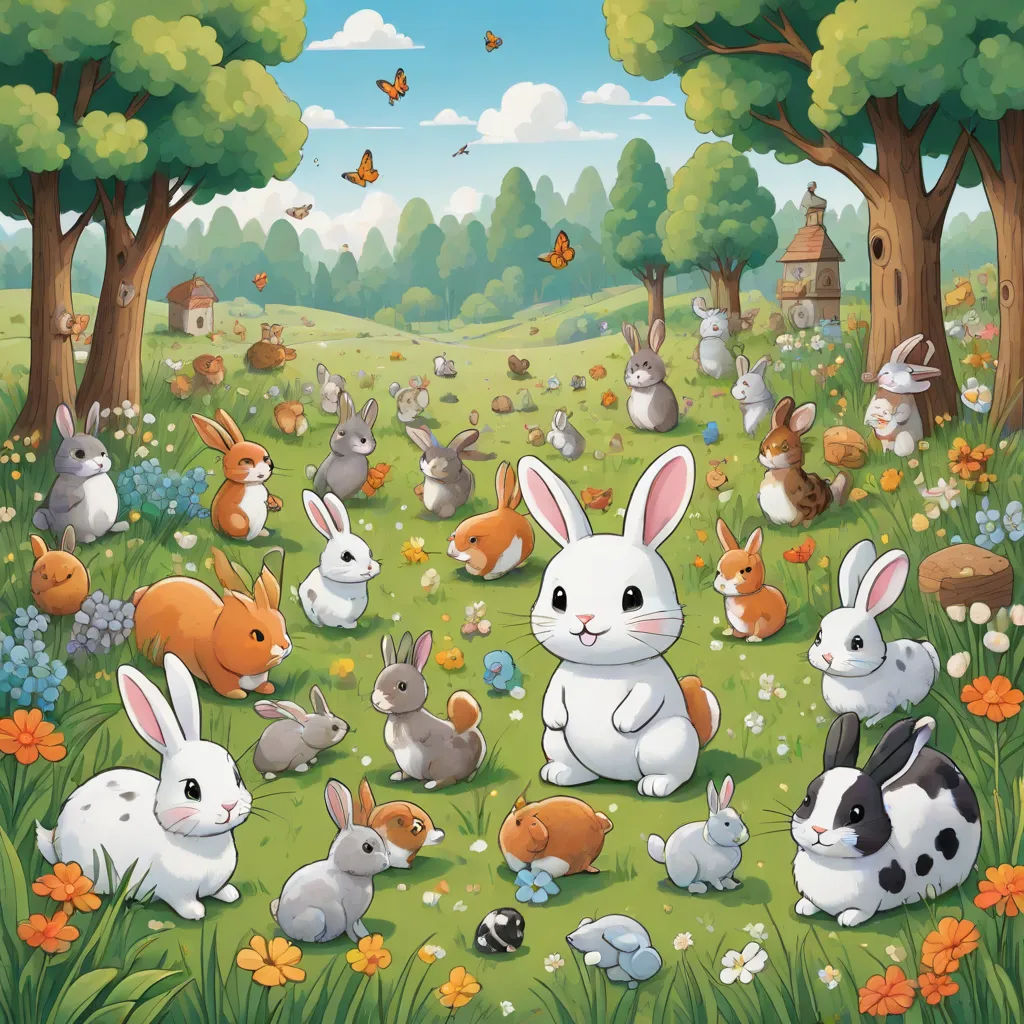 a painting of a group of rabbits in a field of flowers and trees with a butterfly flying overhead in the background, a storybook illustration, Chiho Aoshima, pop surrealism, furaffinity